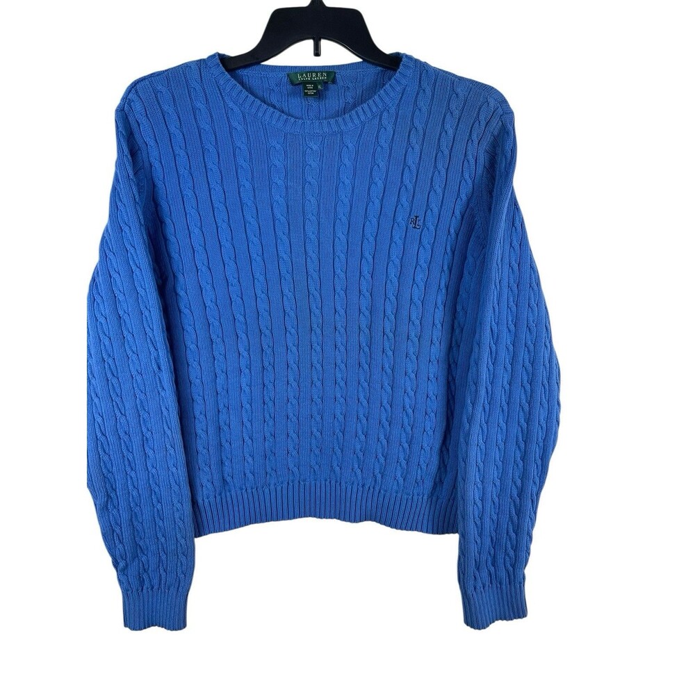 Lauren Ralph Lauren Womens Blue Cable Knit Sweater XL Logo Crewneck Classic READ - Picture 2 of 14